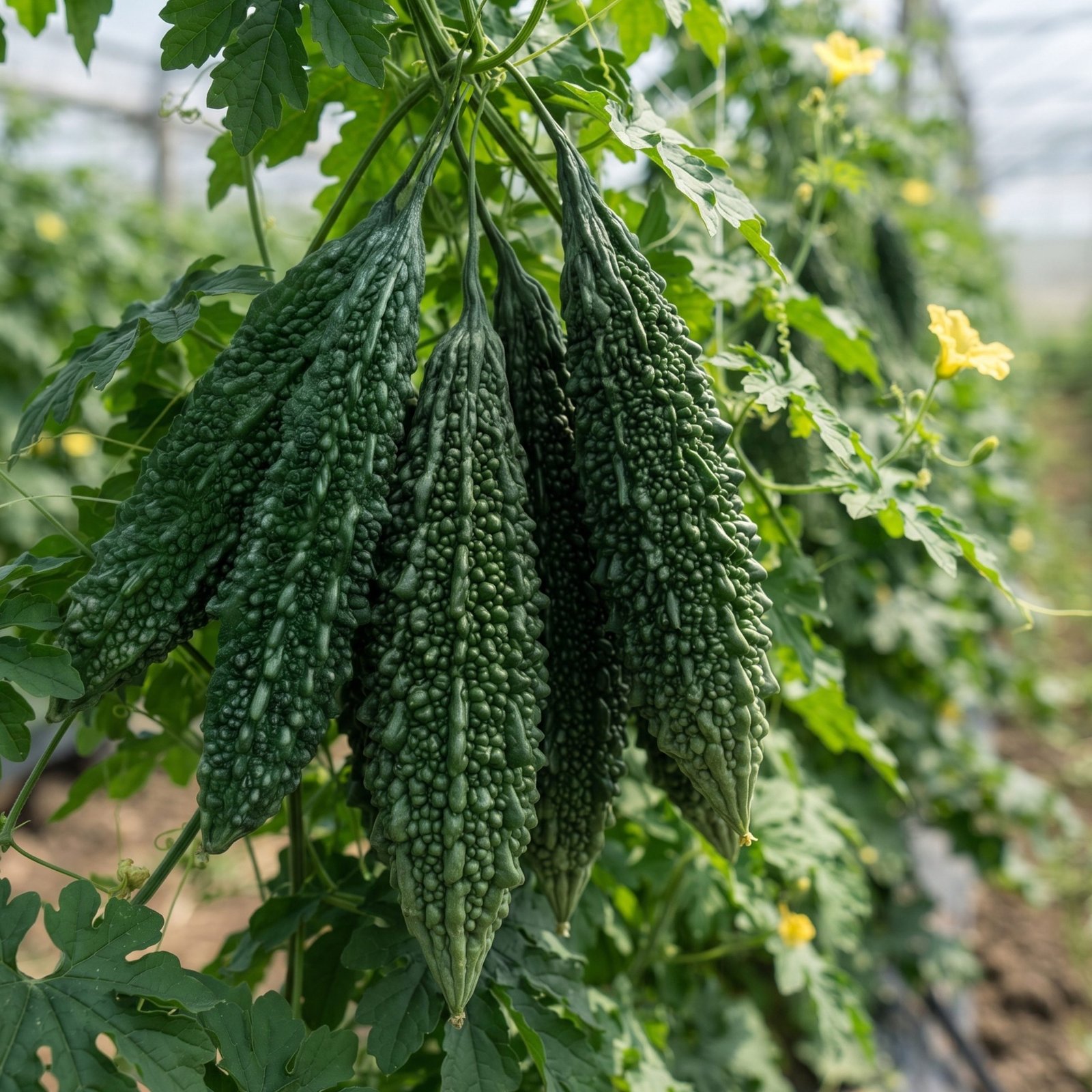 Healthy Bitter Gourd Green Arrow vine producing premium deep green karela grown from Bitter Gourd Green Arrow Seeds for home gardens.