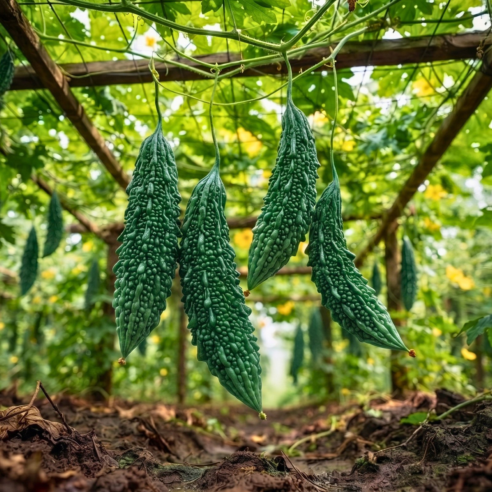 Mature Bitter Gourd Green Arrow grown from premium Bitter Gourd Green Arrow Seeds with uniform deep green fruits ready for harvest.