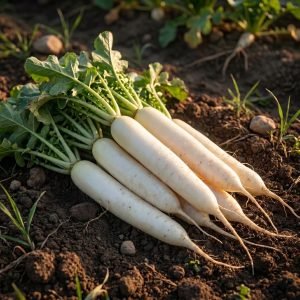 Premium Mino Early White Daikon radishes displaying uniform white roots ideal for home gardens and commercial vegetable production.