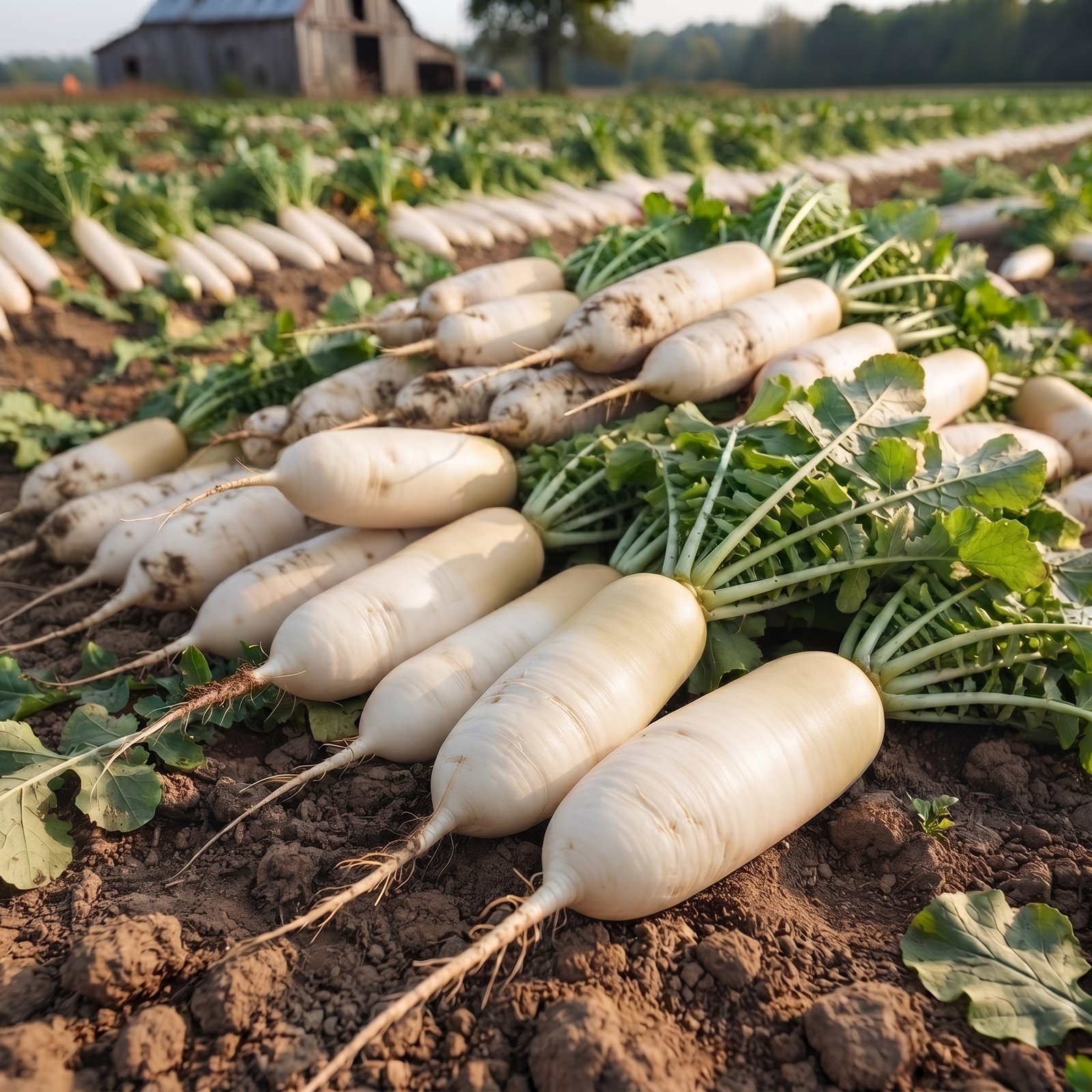 Radish Swift 42 Seeds growing uniform white roots in raised beds for backyard gardens and commercial vegetable production.