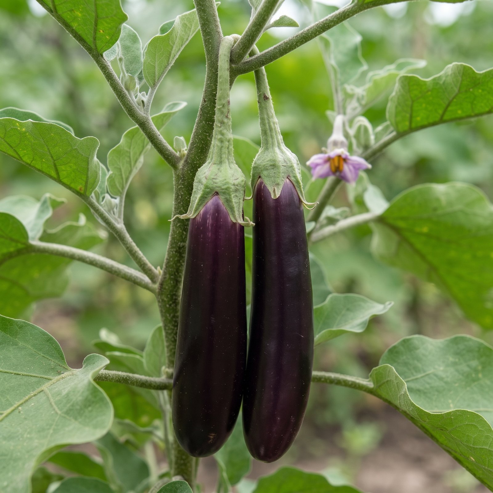 Eggplant Delight-L Seeds producing long glossy purple brinjal fruits growing on healthy plants in a vegetable garden