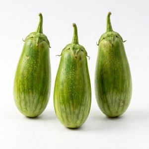 Brinjal Alrounder Hybrid Seeds producing healthy light green striped eggplants growing on vigorous plants in a productive home vegetable garden