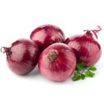 Red Grano Onion bulbs freshly harvested with roots attached showing red-purple skin for home garden planting